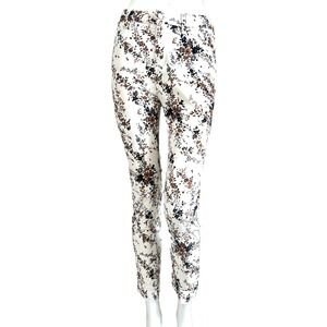Free People Corduroy Pant Floral Skinny Mid Rise Raw Hem Ivory Brown 26 EUC